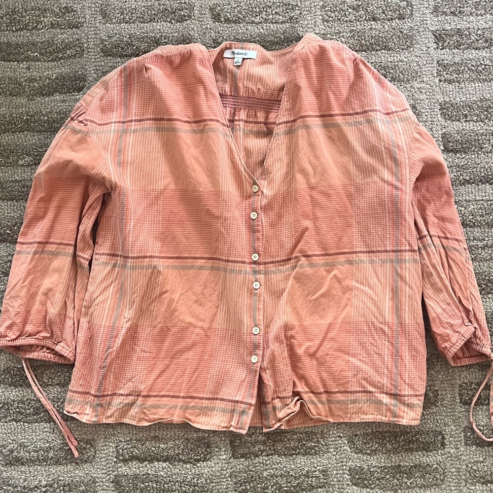 Orange Button-Up Blouse with Drawstring Sleeves